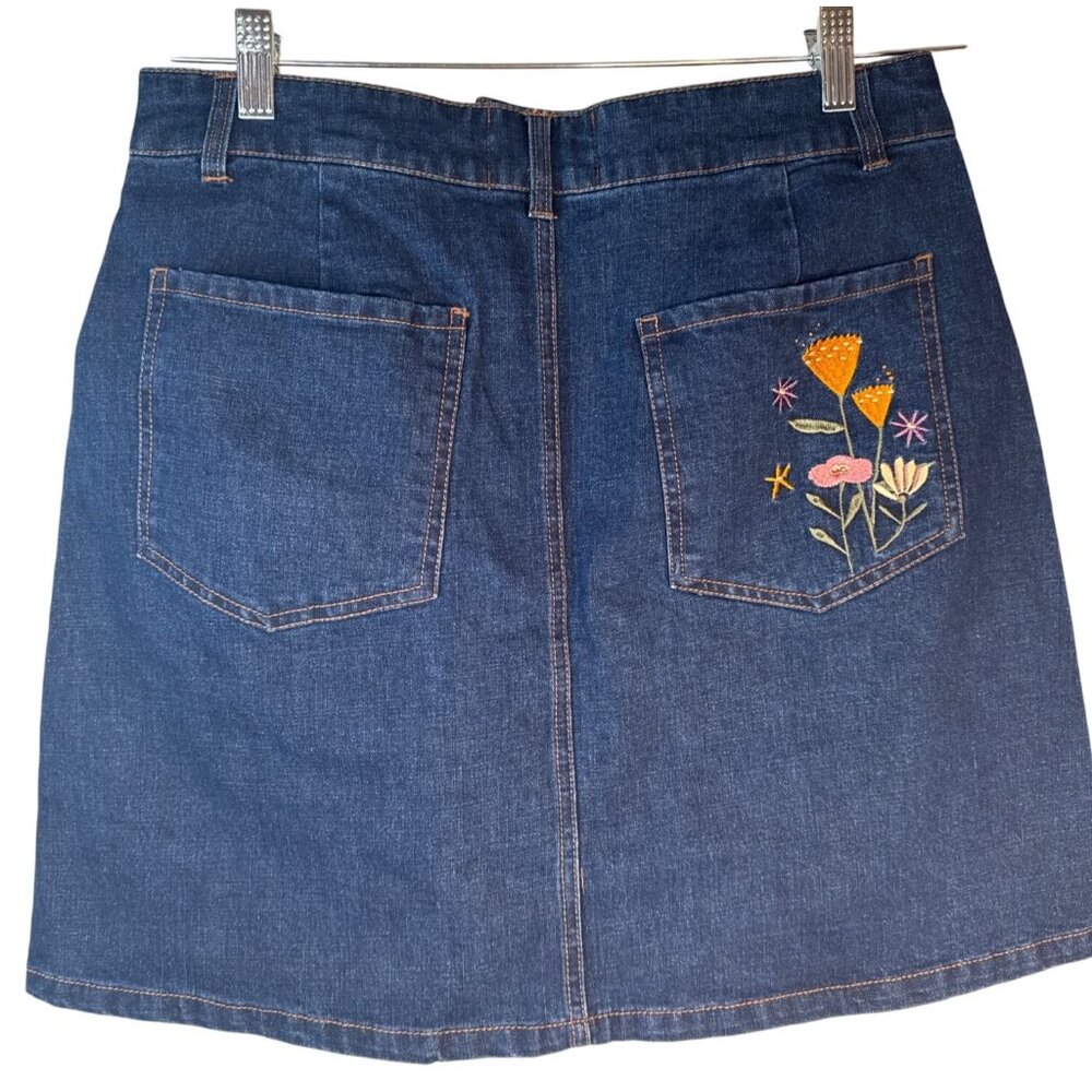 New ModCloth X Princess Highway 8 Denim Skirt W/ Floral & Cat Embroidery Blue - Picture 3 of 10